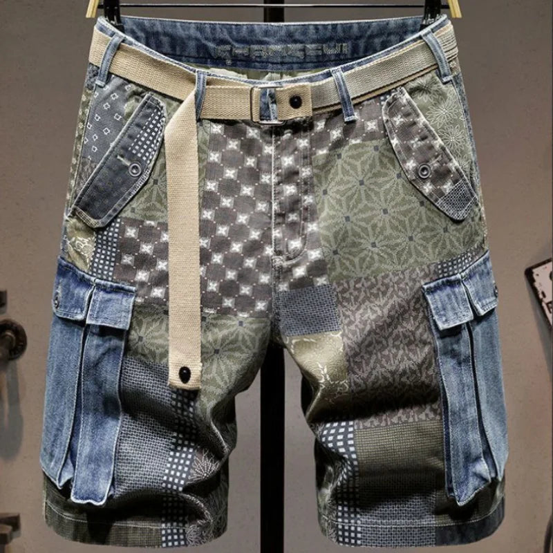 Graphic Man Denim Shorts Multi Color Short Jeans Pants for Men Cargo Bermuda with Text Stretch Jorts Thin Blue Korean Fashion Xl