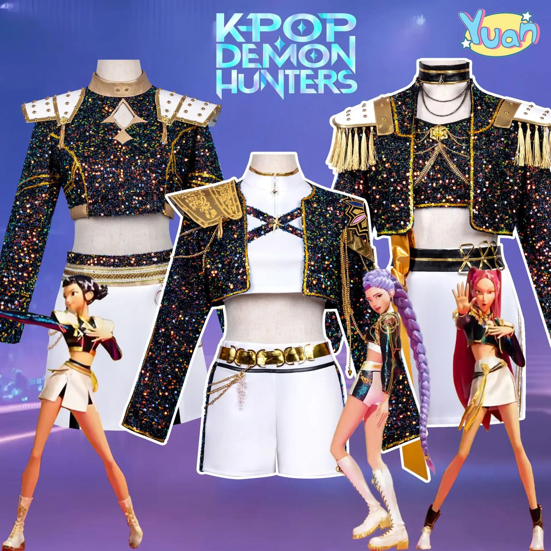 KPOP Witch Hunter Cos Suit Rumi Zoe Mila Black Gold Singing Suit Hallyu Two-dimensional Cosplay Costume