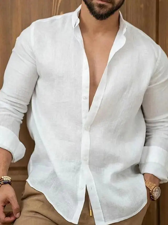 Linen Shirt Comfortable Breathable Soft Comfortable Blue White Gray Street Outdoor Solid Color European Size Linen Shirt Simple