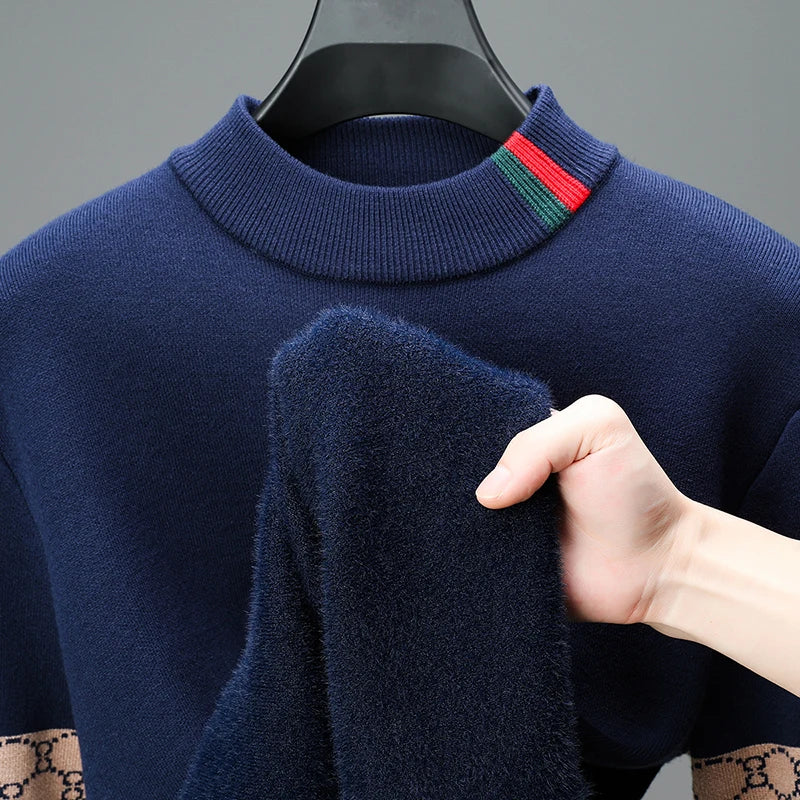 High End Design Men's Pullover O-Neck Velvet Thickened Sweater Winter New Color Blocked Striped Warm Knitted Business Men's wear