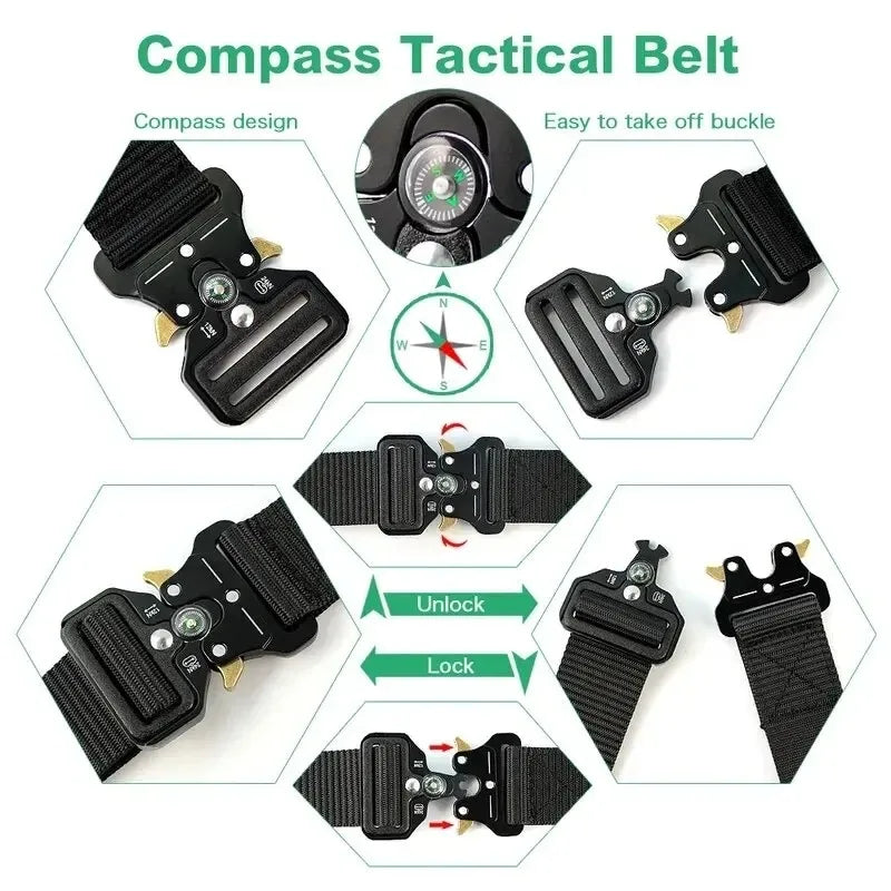 Compass Multi-Function Outdoor Tactical Belt for Men and Women Durable Quick-Dry Canvas Nylon Webbing Hiking Camping Sport Gear