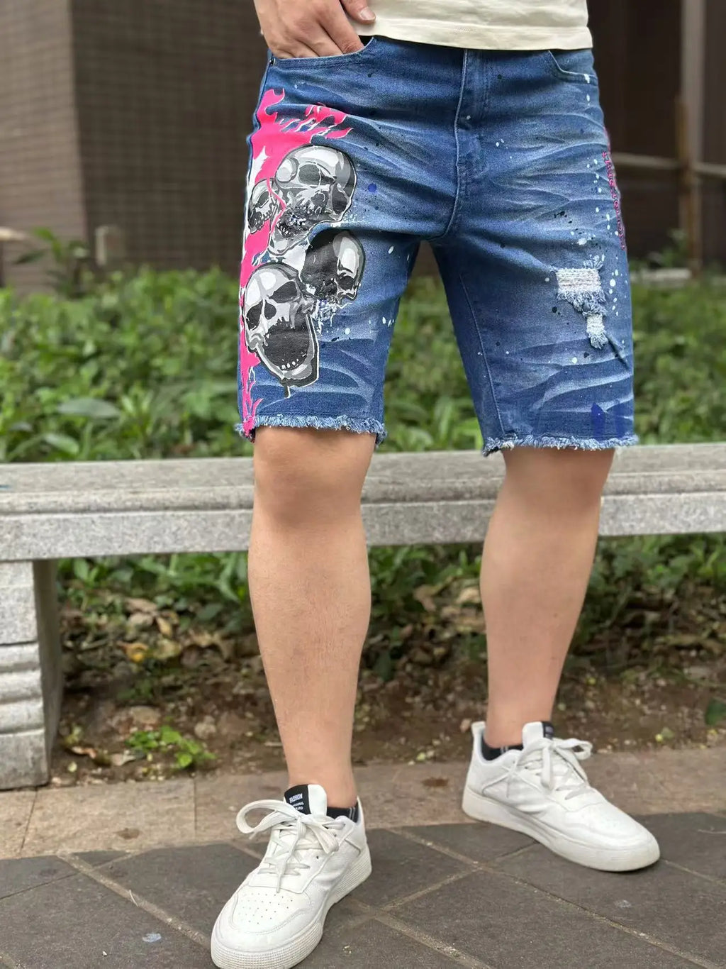 Y2K  Fashionable men's short denim pants with unique devilish pattern    Summer bestseller   three styles to choose from