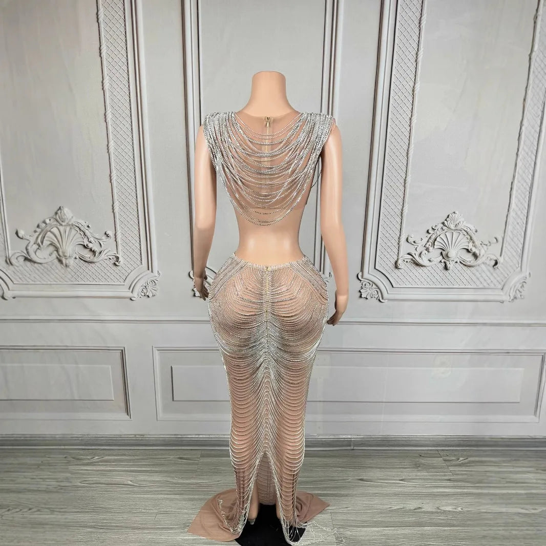 Luxury Silver Chain High-end Banquet Evening Dress Annual Meeting Women's High-end Singer Fashion Singing Clothes Slinky Dresses