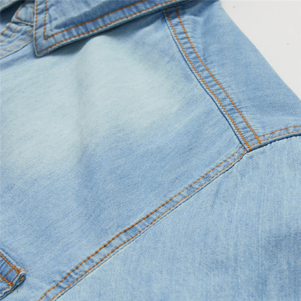 Men Denim Casual Slim Shirts Male Cotton Light Blue Multi-pocket Tooling Shirts Quality Man Large Long-sleeved Shirts Size 3XL