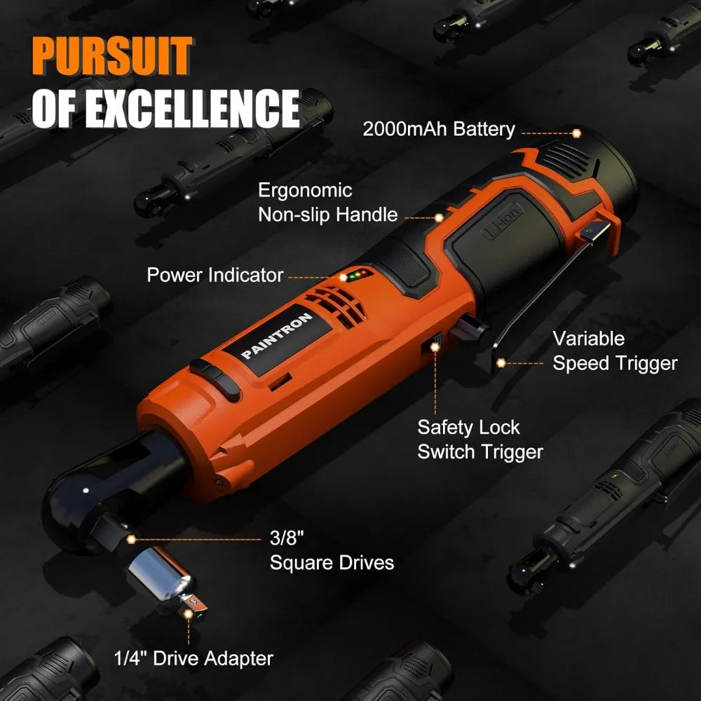 12V Cordless Ratchet Wrench Kit, 3/8 Drive, 50N.m Torque, Variable Speed, 2x 2000mAh Lithium-Ion Batteries, Ideal for Automotive