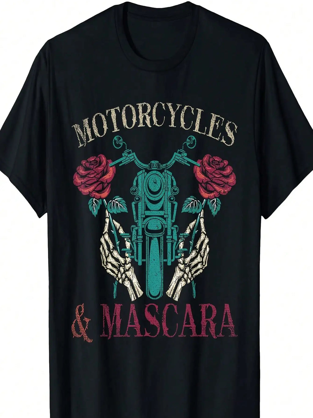 Women's Black Cotton Biker T-Shirt - Short Sleeve, Round Neck, Motorcycle & Roses Graphic Design, Perfect for Casual Attire