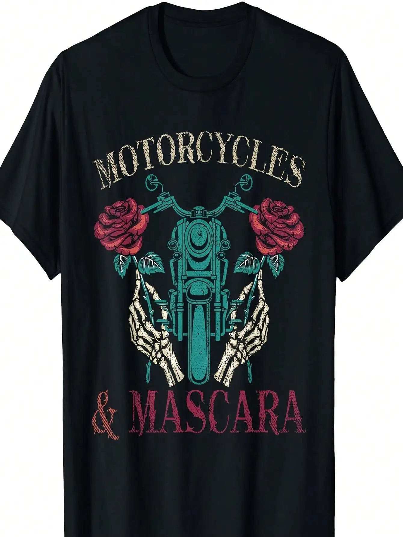 Women's Black Cotton Biker T-Shirt - Short Sleeve, Round Neck, Motorcycle & Roses Graphic Design, Perfect for Casual Attire