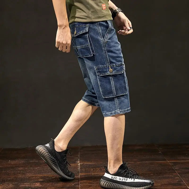 Men's Short Jeans Pants Blue Straight Cargo with Pockets Male Half Denim Shorts Cowboy Designer Stretchable Wih Zipper Stretch