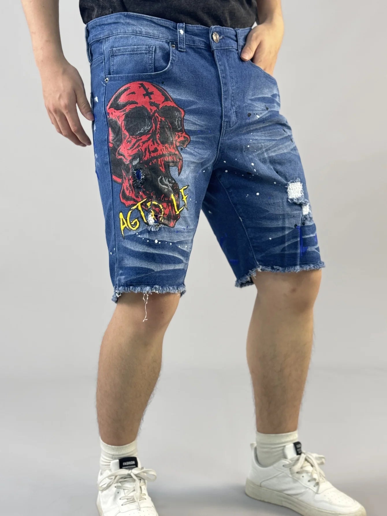 Y2K  Fashionable men's short denim pants with unique devilish pattern    Summer bestseller   three styles to choose from