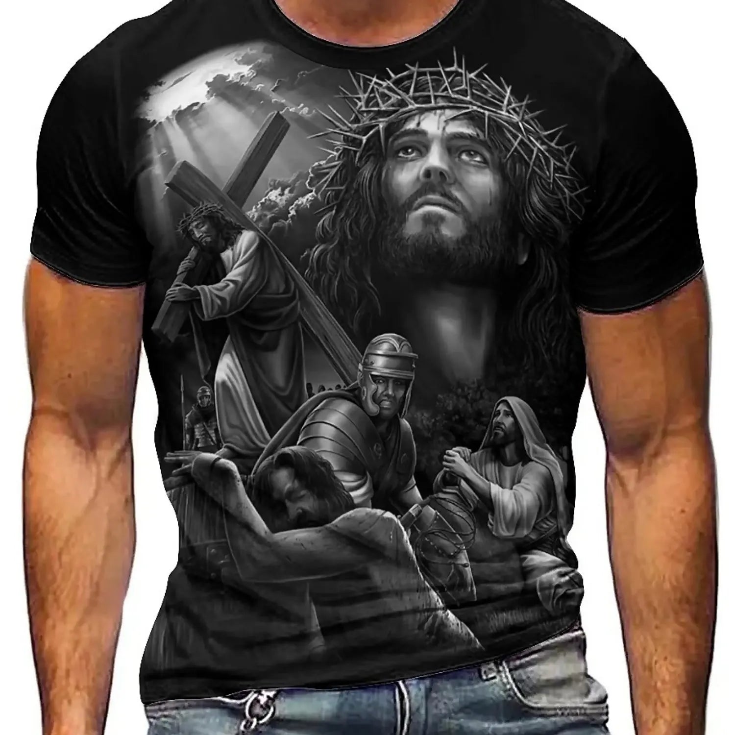 Men'S Plus Size Jesus 3D Print Short Sleeve T-Shirt - Soft Polyester Comfortable Round Neck Tee with Cross & Figures Design