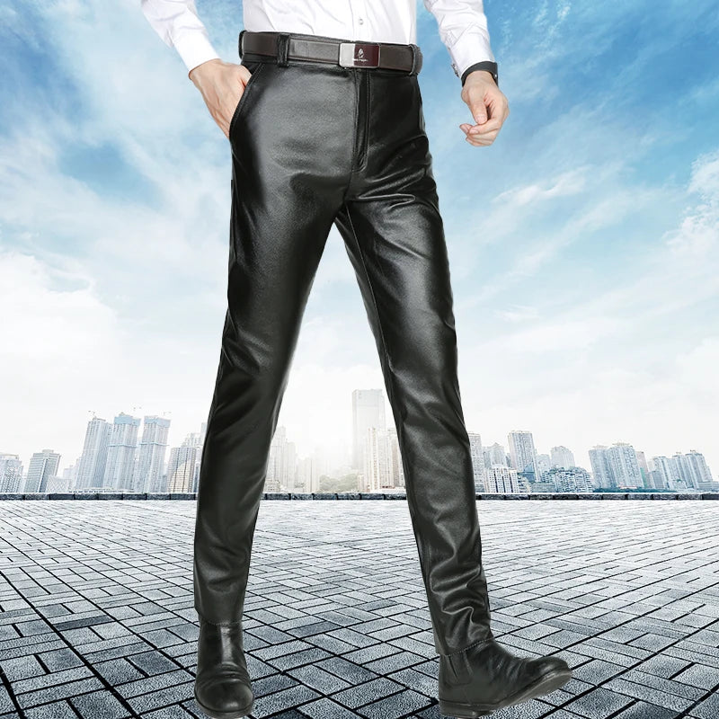 Men's Black Genuine Cowhide Leather Pants Straight Casual Trousers for Youth Autumn Winter Fashion Outerwear