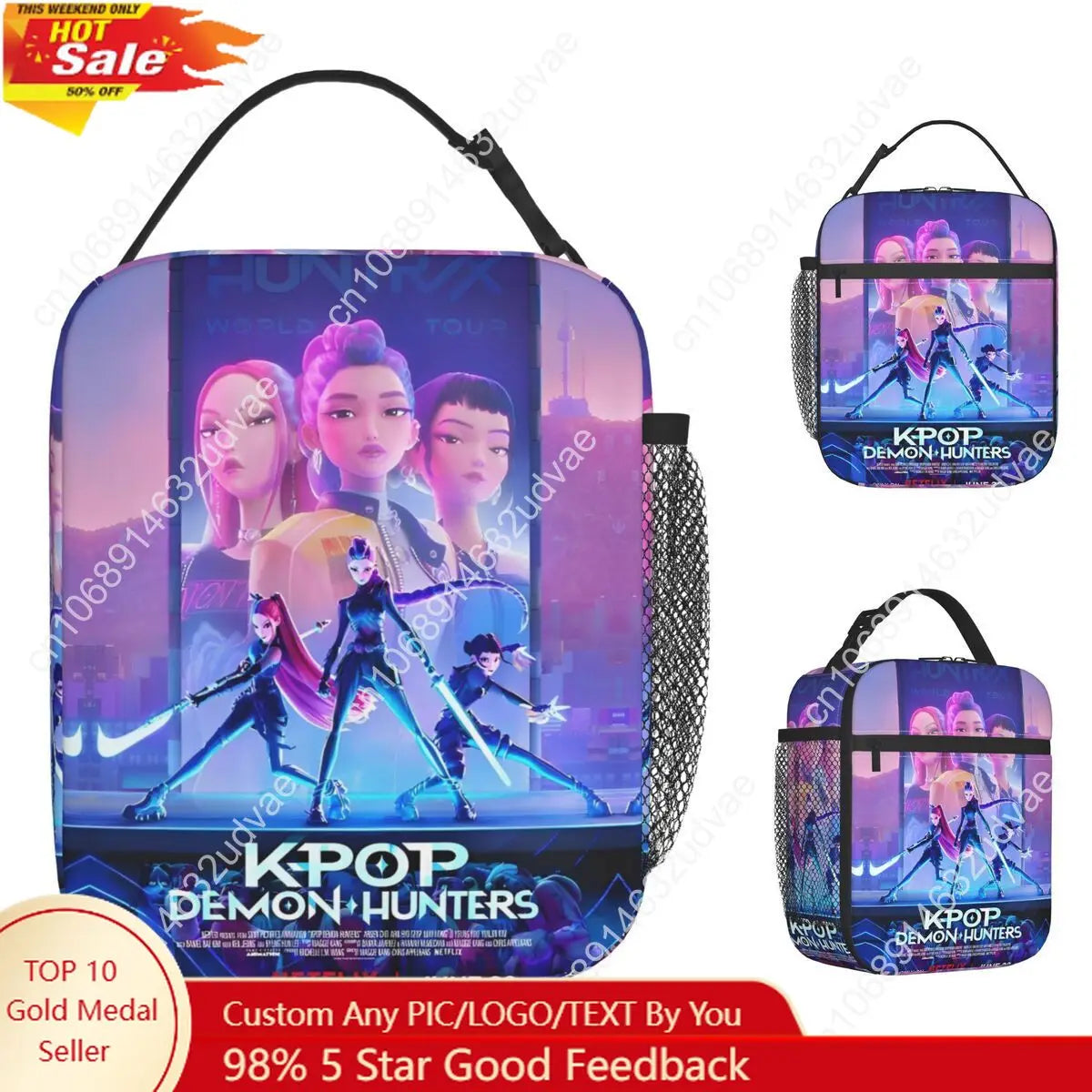 KPop Demon Hunters Anime Lunch Bag Picnic Lunch Box For Women Casual Graphic Thermal Lunch Bags Oxford Portable Cooler Bag