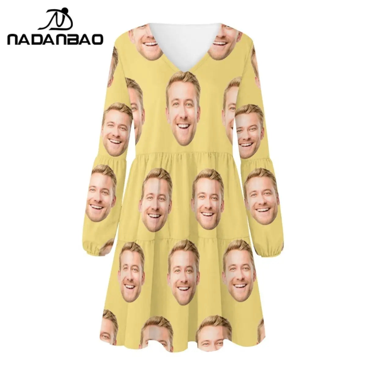 Your Image Customized Women's Long Sleeve Face Dress DIY Your Logo or Text V-neck Dresses Custom  Autumn Lady Party Dress Gifts