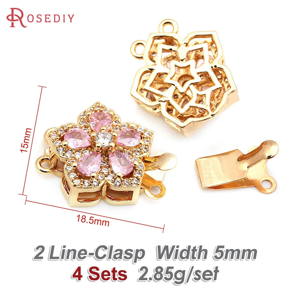 4 Sets Full Size 21x15MM 18K Gold Color Brass Zircon Flower Necklaces Connect Clasps High Quality Diy Jewelry Making Supplies