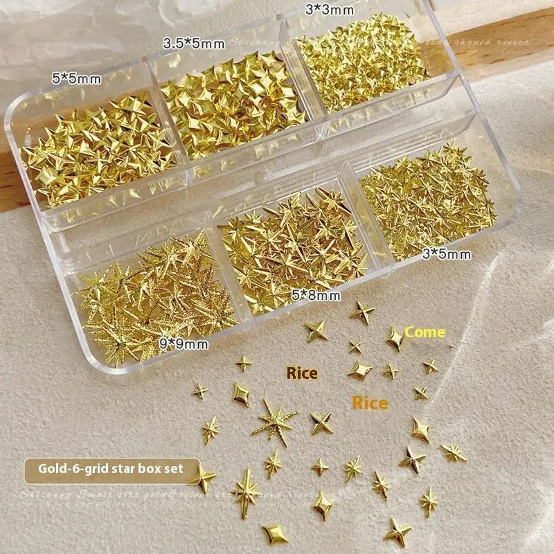 6 Girds 3D Metal Stars Nail Rivet Studs Decoration Starlight Sparkle Jewelry Nail Arts Tools Alloy Manicure Accessories