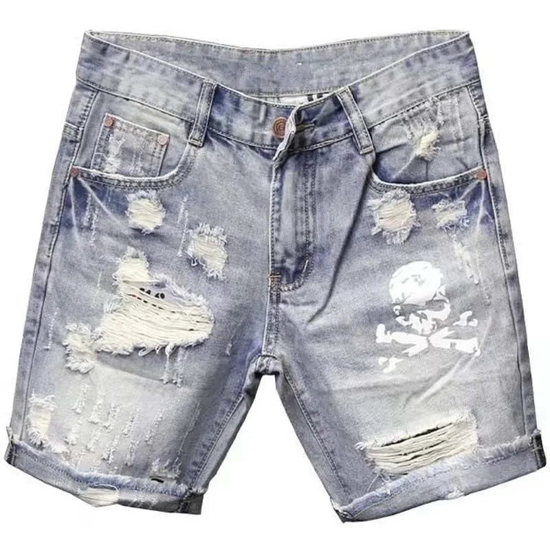 Summer Men's Worn Bead Hole Beggar Stretch Ripped Short Jeans Men Streetwear Korean Fashion Slim Fit Denim Shorts