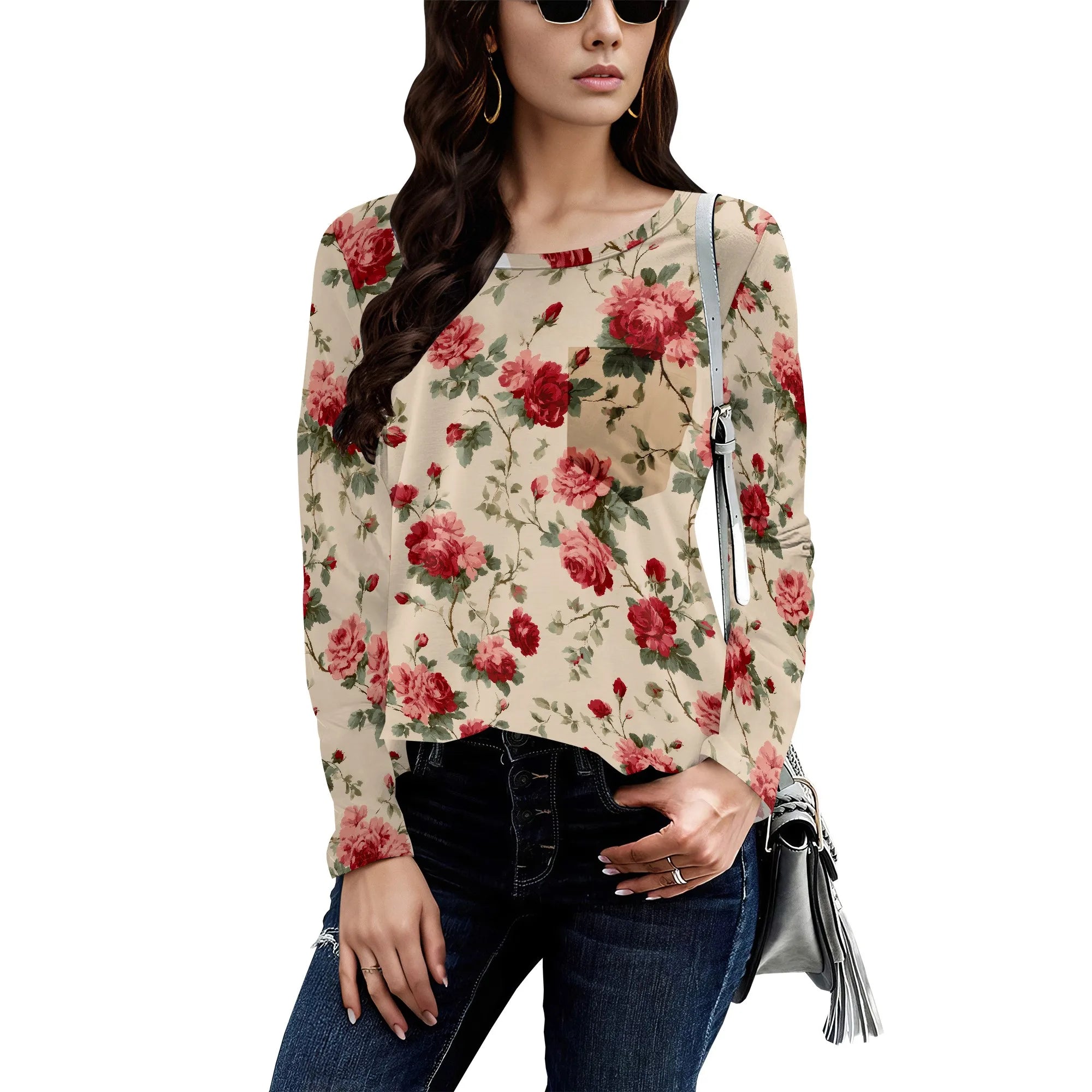 Long Sleeve Shirts for Women Spring Fashion 2025 Floral Crewneck Workout Cute Blouses Casual Loose Fit Tops