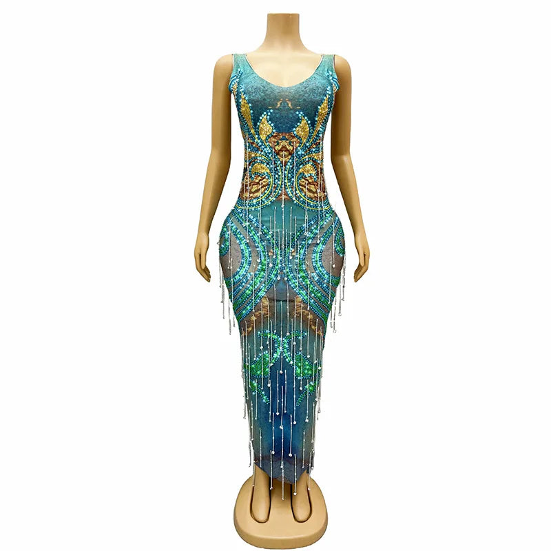 2025 Blue-green White Temperament Deep V Rear Split Dress Bar Nightclub Dancing Activity Dance Performance Clothes Signing Party