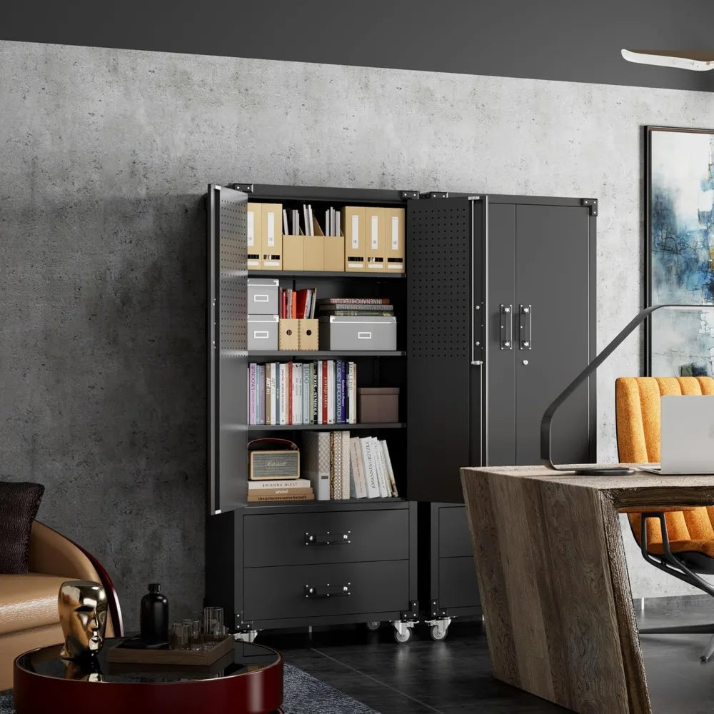 Large Metal Storage Cabinet with Wheels, Lockable Steel Cabinet featuring 3 Adjustable Shelves and 6 Hooks for Enhanced Organiza