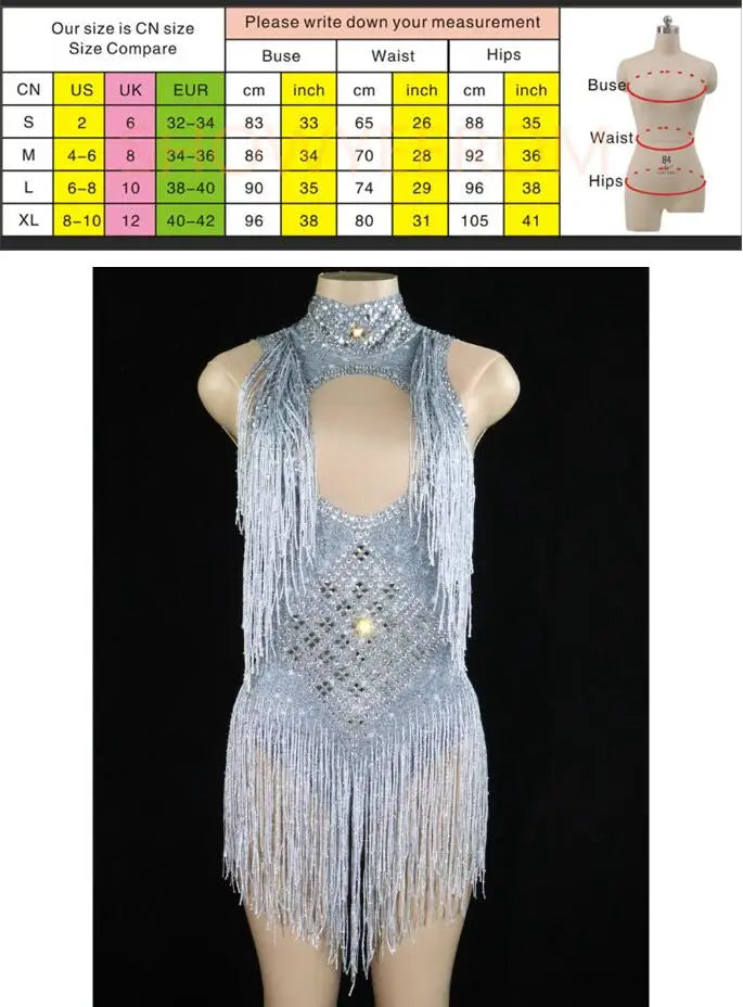 Birthday Party Sexy Stage Show Costume Bar Dj Turtleneck Diamond Fringed Stretch Onesie Skirt Vestidos Elegantes Mujer De Fiesta