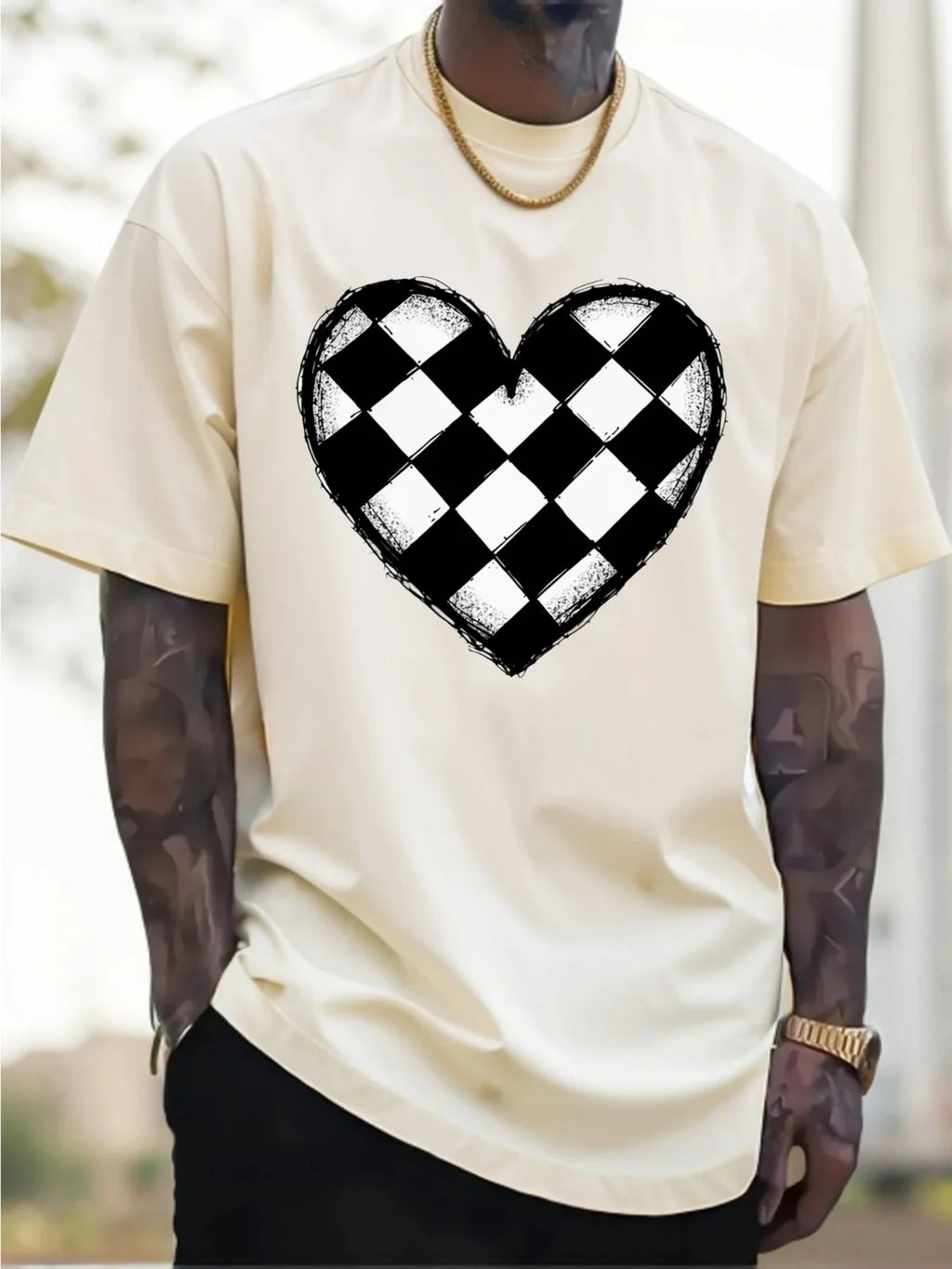 Men's Navy Blue Cotton T-Shirt  Checkerboard Heart Graphic Tee Soft Everyday Crewneck Shirt for Casual  Formal Outfits