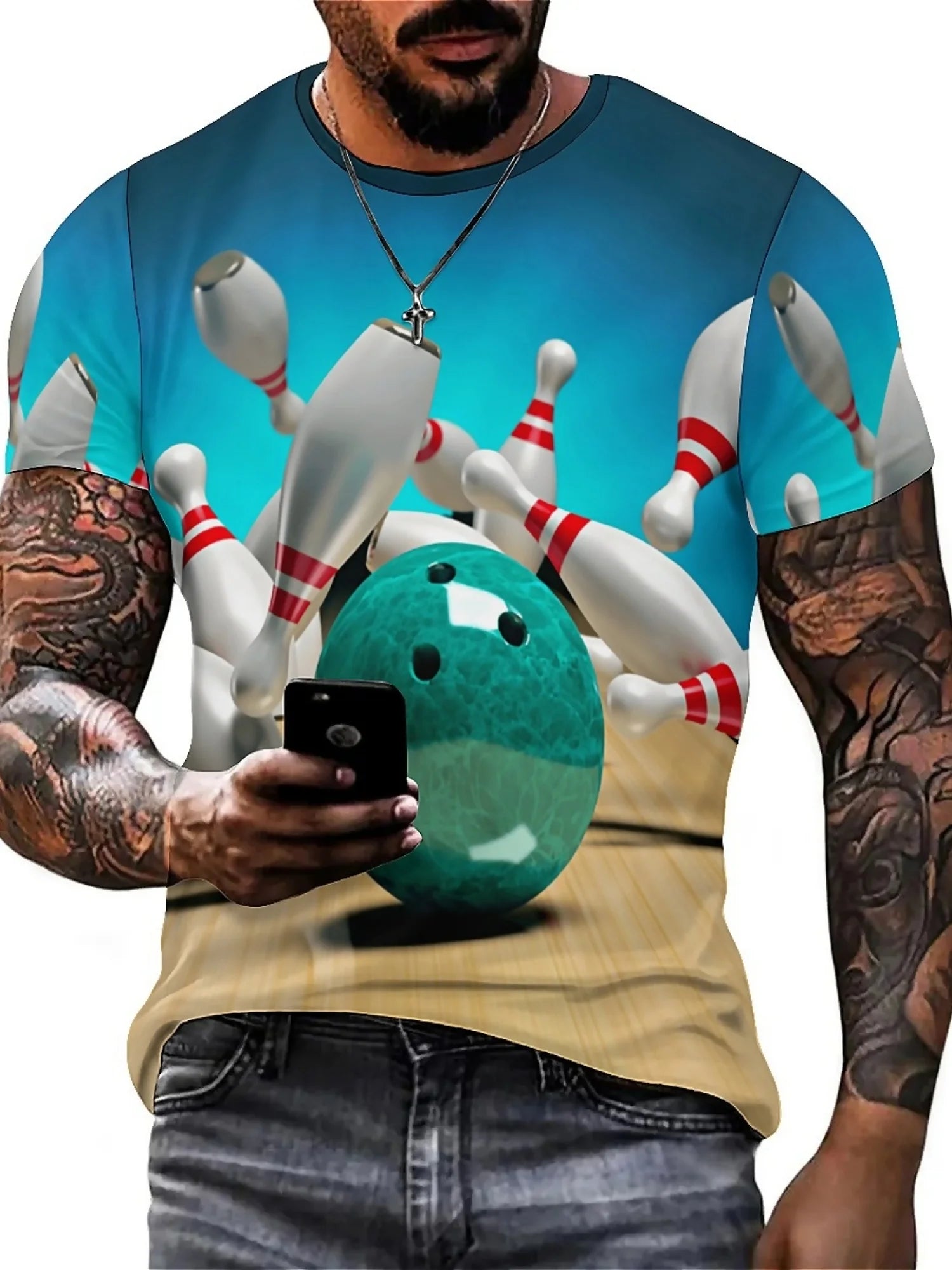 Men's Bowling Sports 3D Print T-Shirt Fun Hip Hop Style Breathable Polyester Short Sleeve Loose Fit