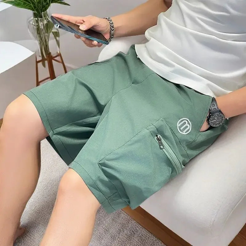 Wide with Zipper Draw String Pockets Loose Elastic Waist Mens Cargo Shorts Solid Short Pants for Men Baggy Popular Summer Strech