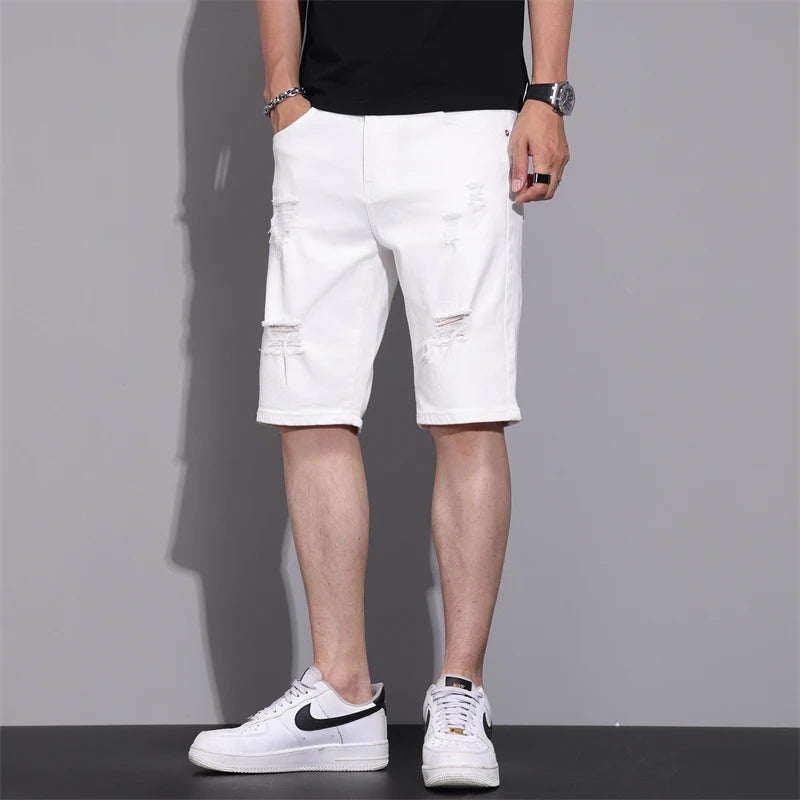 New Summer Men Casual White Denim Shorts White Fashion Ripped Straight Pants Stretch Slimsoft Male Knee Length Hole Short Jeans