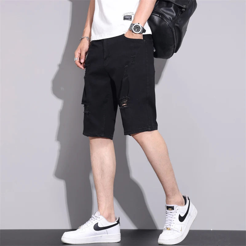 New Summer Men Casual White Denim Shorts White Fashion Ripped Straight Pants Stretch Slimsoft Male Knee Length Hole Short Jeans