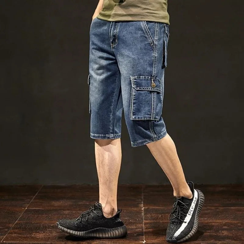 Men's Short Jeans Pants Blue Straight Cargo with Pockets Male Half Denim Shorts Cowboy Designer Stretchable Wih Zipper Stretch