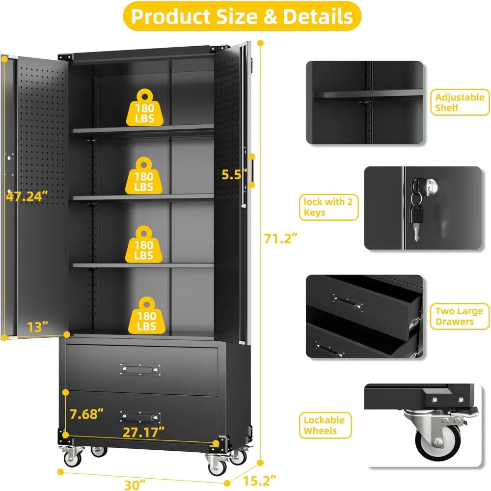 Large Metal Storage Cabinet with Wheels, Lockable Steel Cabinet featuring 3 Adjustable Shelves and 6 Hooks for Enhanced Organiza