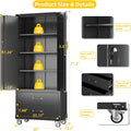 Large Metal Storage Cabinet with Wheels, Lockable Steel Cabinet featuring 3 Adjustable Shelves and 6 Hooks for Enhanced Organiza