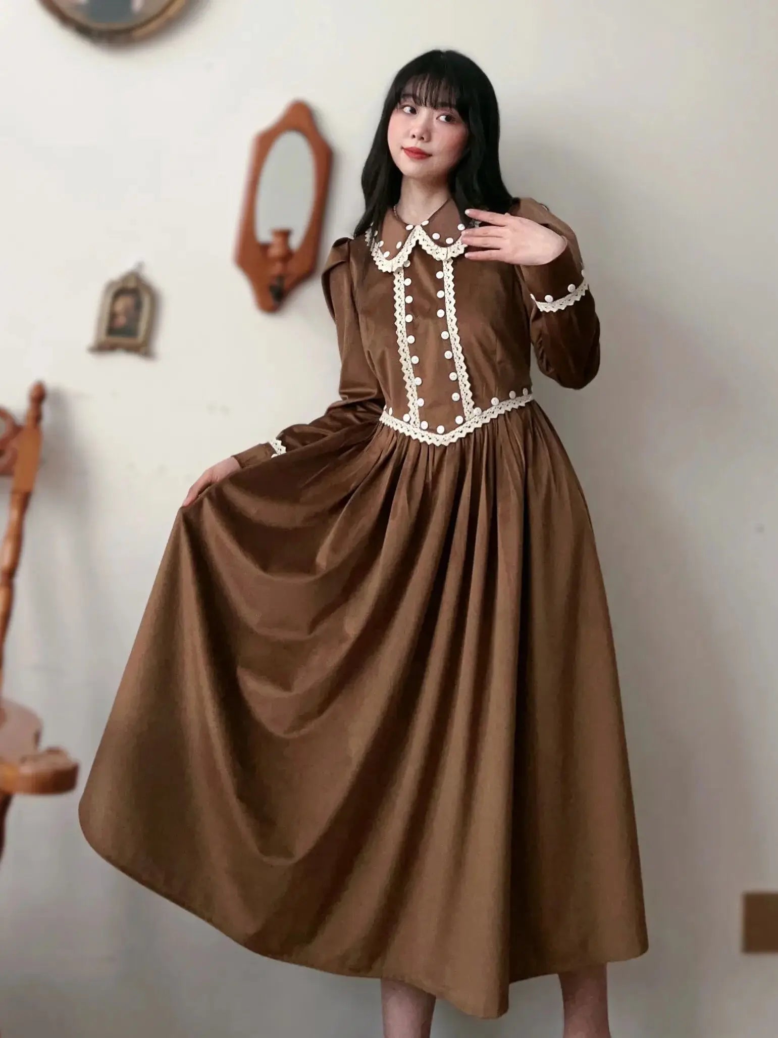TIYIHAILEY Long Mid-Calf Women Ladies Velvet Dress Long Sleeve Brown S-L Spring Autumn Dresses Turn Down Collar Winter Vintage