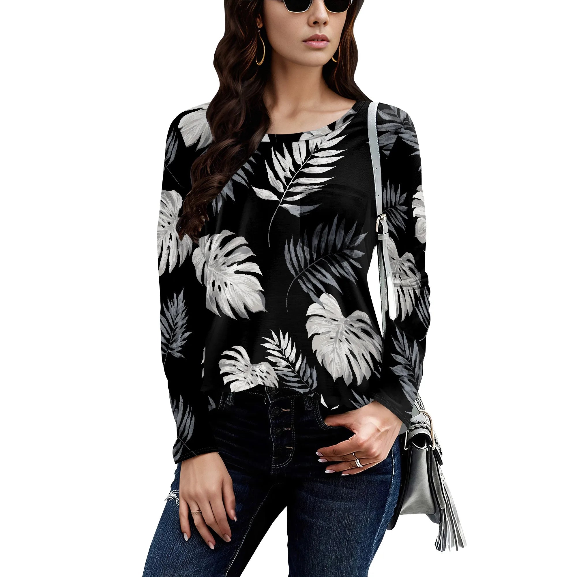 Long Sleeve Shirts for Women Spring Fashion 2025 Floral Crewneck Workout Cute Blouses Casual Loose Fit Tops