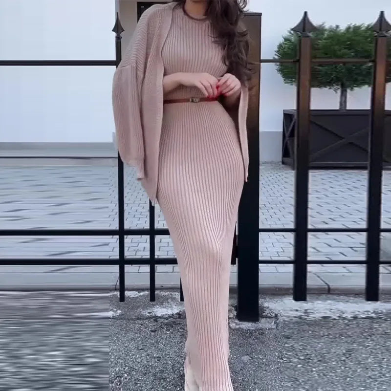 Knitted 2 Piece Sets Women Fashion Cardigan Long Dress Matching Set 2024 Casual Autumn Winter Clothing Womens Outfits Tracksuit
