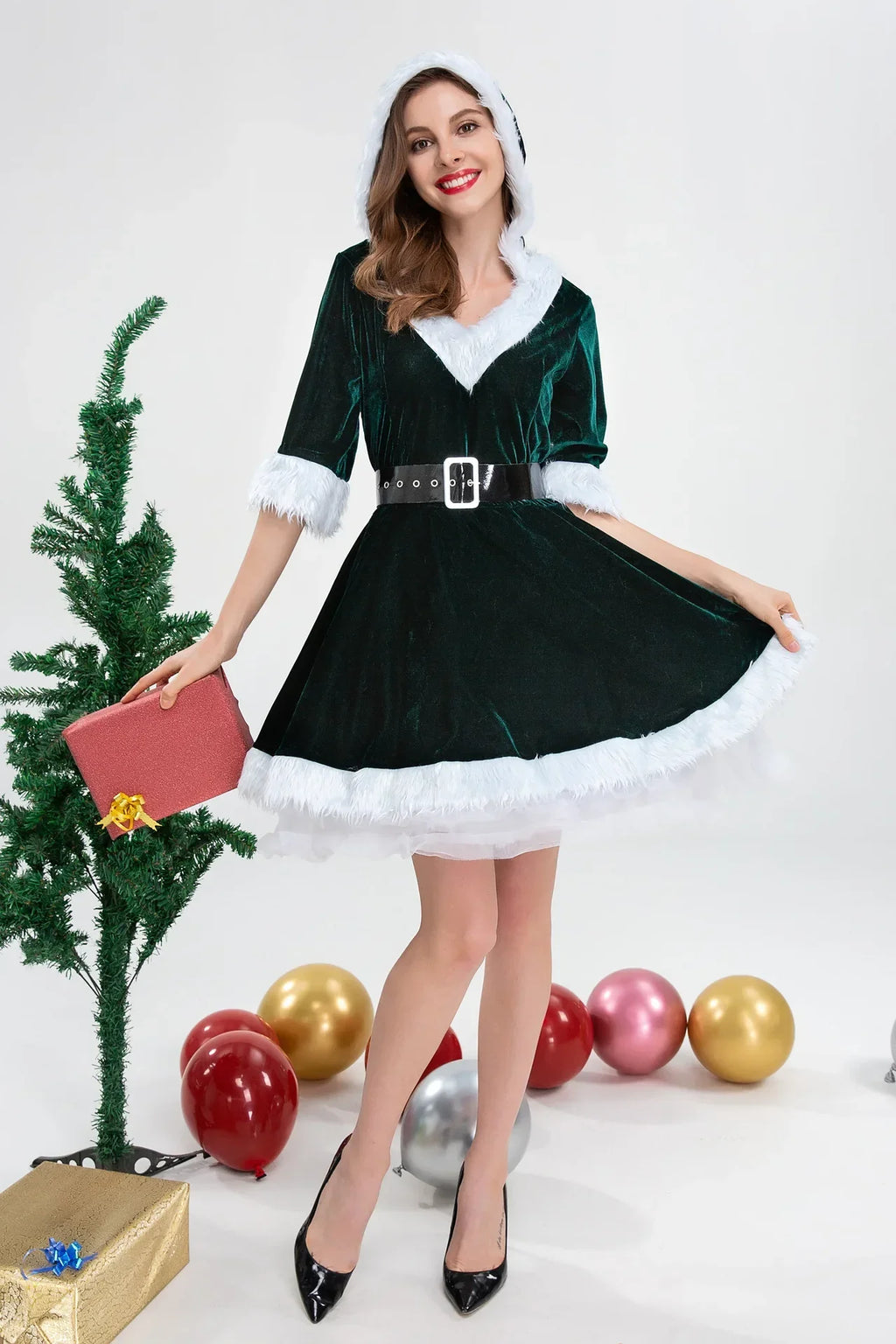Formal Women Christmas Fancy Dress Xmas Party Fur Tulle Tutu Dress Female High Waist Belt Dress V-Neck Hooded Ball Gown
