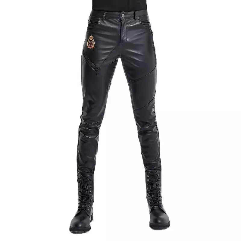 Genuine Sheepskin Leather Pants Windproof Warm Motorcycle Slim Fit Cool Autumn Winter Knight Pants