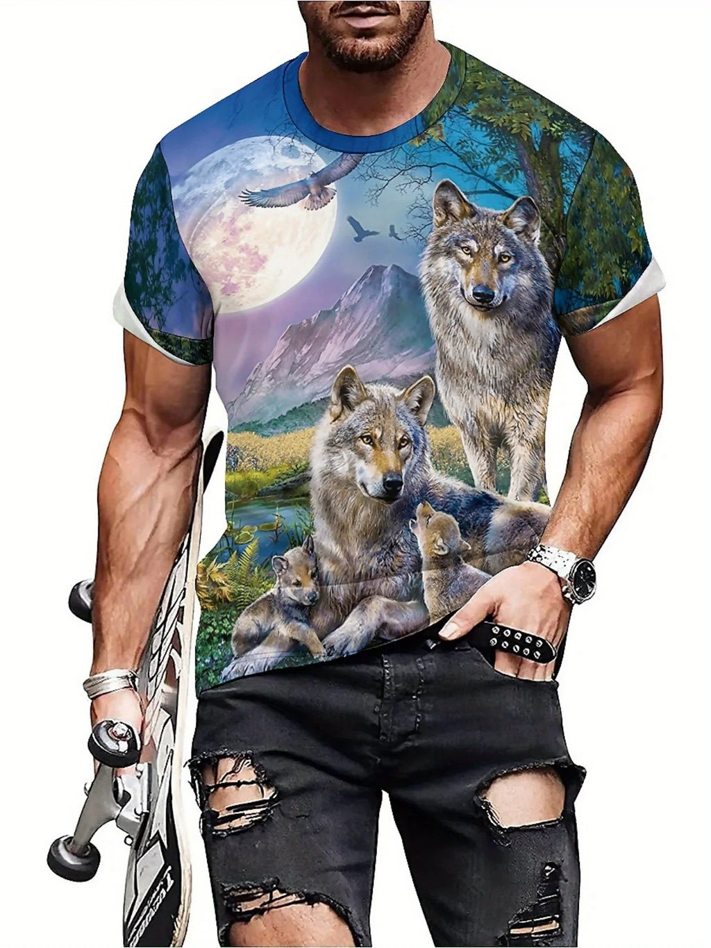 3D Wolf Pack Print T-Shirt - Short Sleeve, Crew Neck, Nature-Inspired Design with Moonlit Forest & Mountain Scene