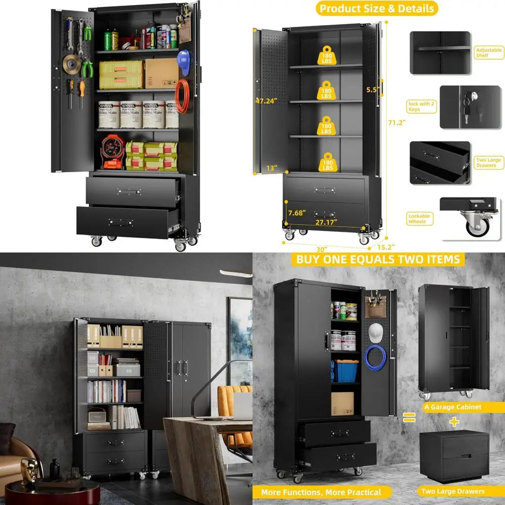 Large Metal Storage Cabinet with Wheels, Lockable Steel Cabinet featuring 3 Adjustable Shelves and 6 Hooks for Enhanced Organiza