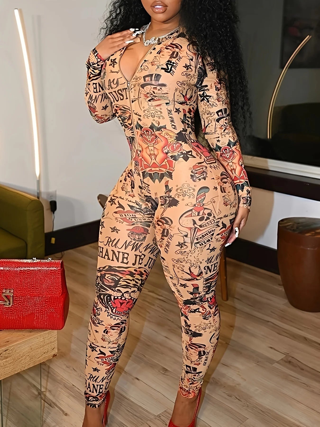 Fashion Sexy Printed Zipper V-Neck Skinny Jumpsuit