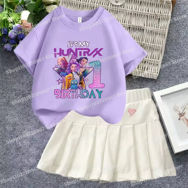 KPop Demon Hunterss T-shirt Short Skirt Set Girl Cartoon Anime Short Sleeve A-line Skirt 2-piece Children Loungewear Dress Gifts