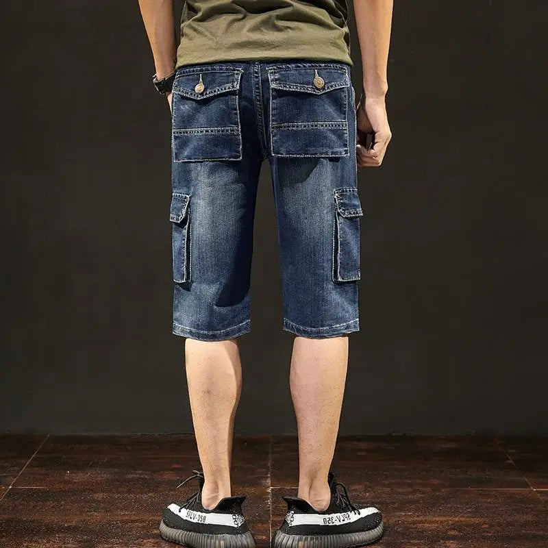 Men's Short Jeans Pants Blue Straight Cargo with Pockets Male Half Denim Shorts Cowboy Designer Stretchable Wih Zipper Stretch