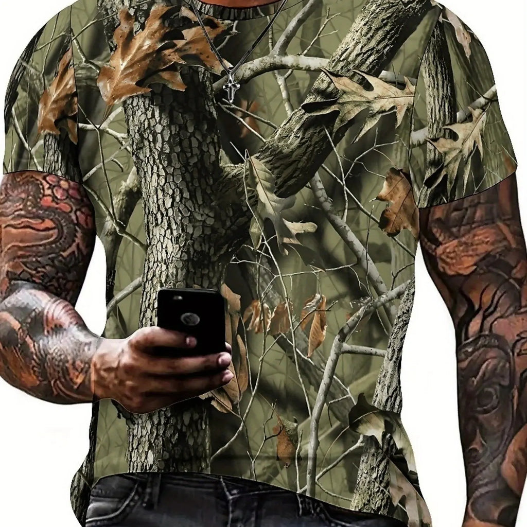 Men'S Camo 3D Geometric Abstract Print T-Shirt - Short Sleeve, Crew Neck, Stretchy Fabric, Perfect for Summer Outdoor Adventures