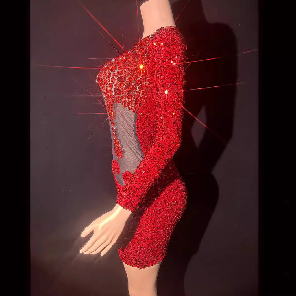 Red Rhinestone Perspective Fashion Sexy Party Dress Bar Nightclub Stage Performance Dress Elegant Party Red Bodycon Sexy Dresses