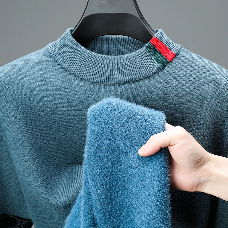 High End Design Men's Pullover O-Neck Velvet Thickened Sweater Winter New Color Blocked Striped Warm Knitted Business Men's wear