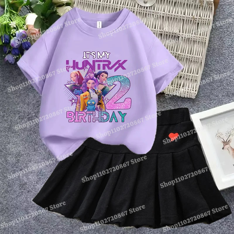 KPop Demon Hunterss T-shirt Short Skirt Set Girl Cartoon Anime Short Sleeve A-line Skirt 2-piece Children Loungewear Dress Gifts