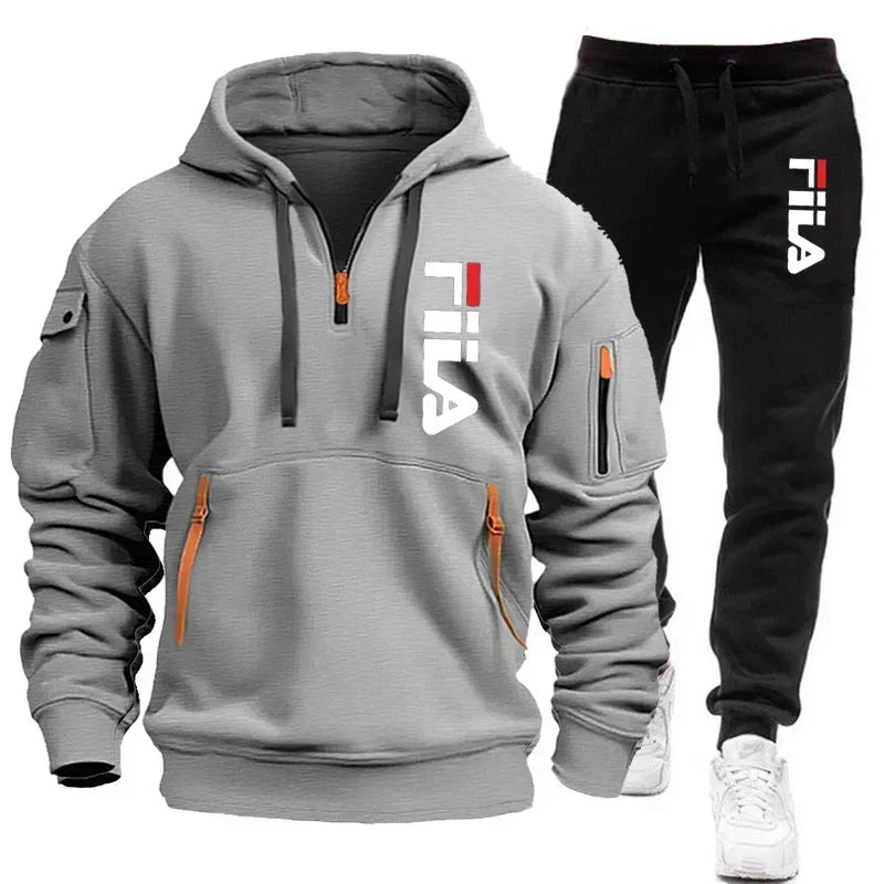 Men's set 2025 Autumn/Winter new Men's hooded sweatshirt + long pants two-piece set, outdoor multi-pocket men's pullover sportsw