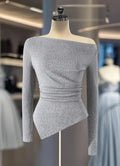 Women's Fashion T-Shirt Temperament Knitted Shirt 2025 Autumn New Style Grey Slanted Shoulder Long Sleeve Top Women's Wear
