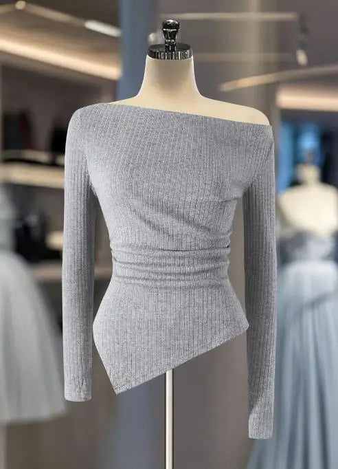 Women's Fashion T-Shirt Temperament Knitted Shirt 2025 Autumn New Style Grey Slanted Shoulder Long Sleeve Top Women's Wear