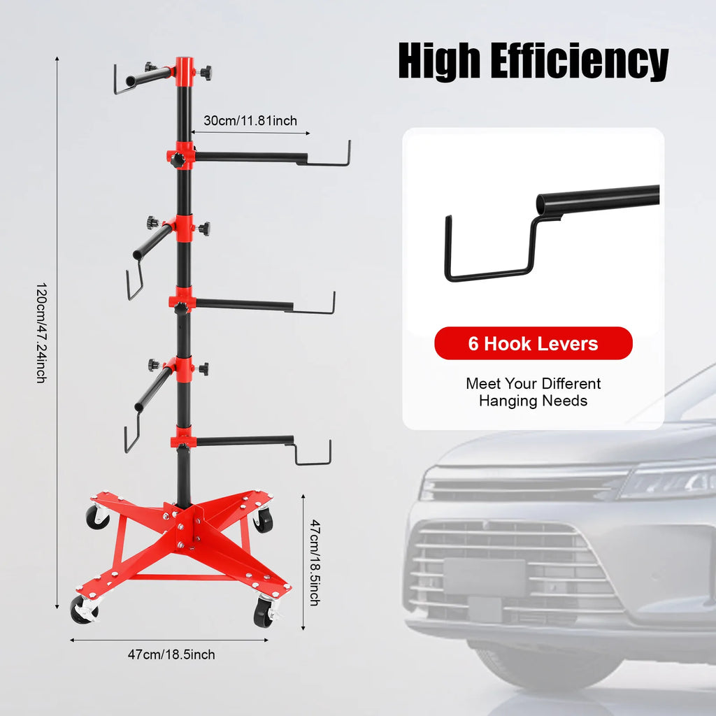 Panel Tree Paint Stand with 6 Adjustable Hooks & 4 Locking Wheels Dual Panel Capacity Heavy Duty Iron for Auto Body Shops